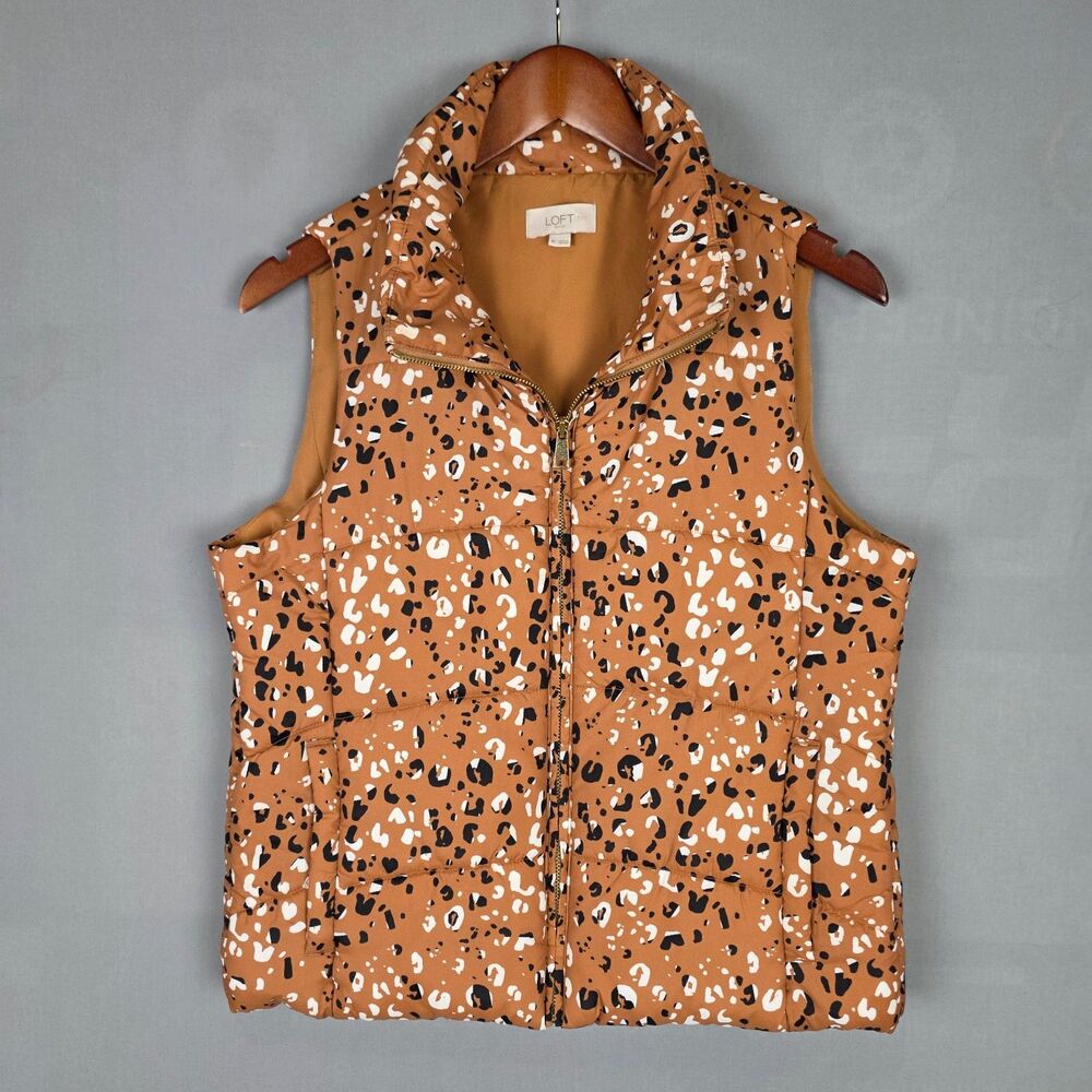 LOFT Leopard Print Puffy Vest Size XS Tan Mob Wife Maximalist Country Club